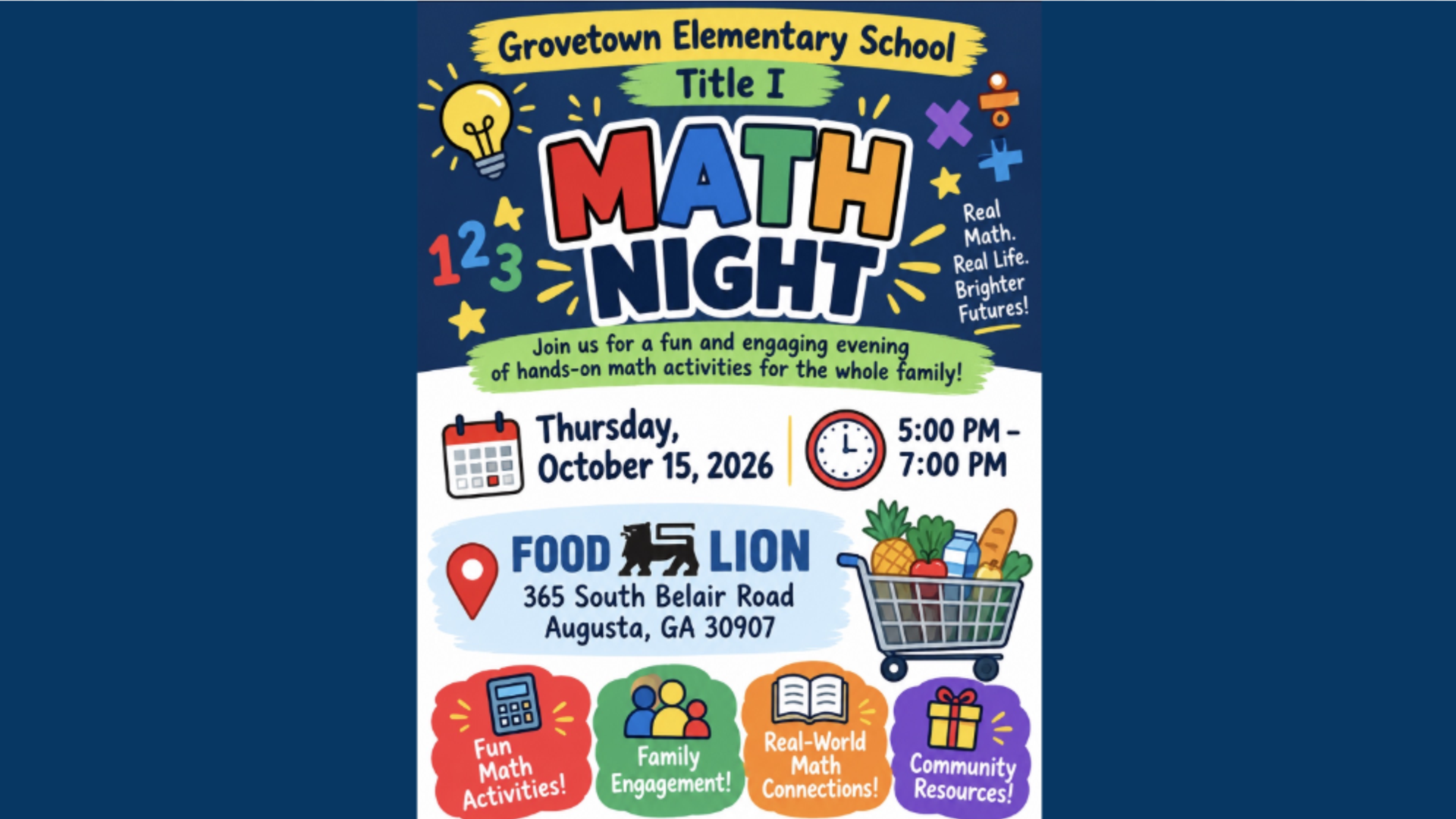 Event flyer for Math Night at Grovetown Elementary School.