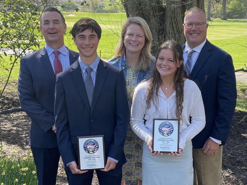 Students holding up Scholar Athlete Awards and standing with Mr. Heffernan, Dr. O'Connell, and Mr. Gilbert.
