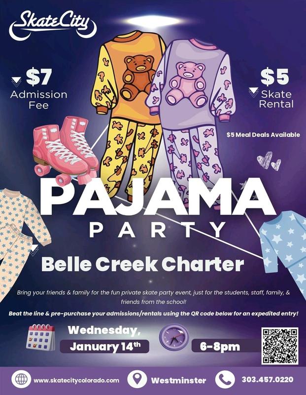 Colorful flyer promoting a pajama party at Skate City with event details.