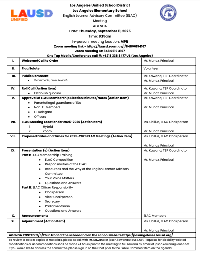 9-11-25 ELAC Agenda