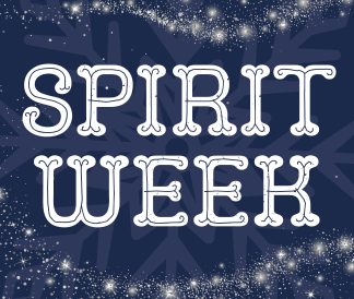 White text Spirit Week with navy blue background and swirling silver accents