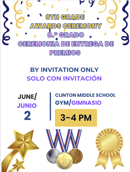 8th grade June 2 Awards Ceremony 3-4 p.m. CMS