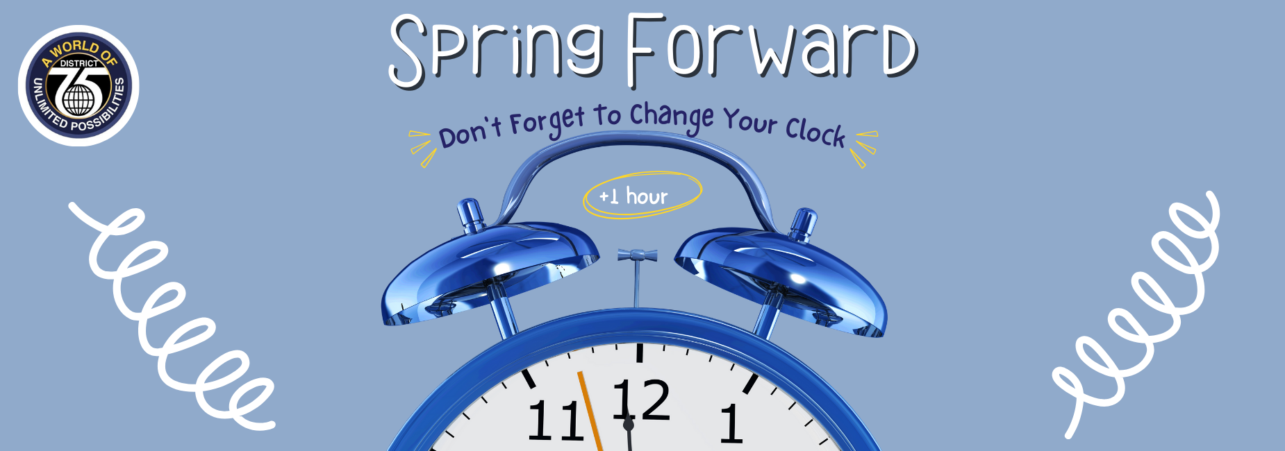 Spring Forward reminder with an alarm clock and cheerful design.
