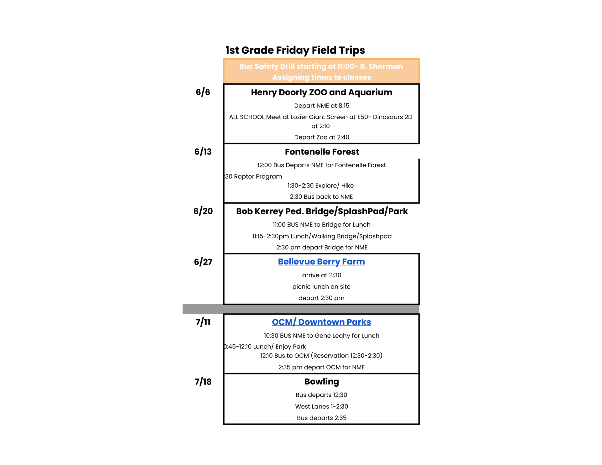 Graphic lists the summer field trips
