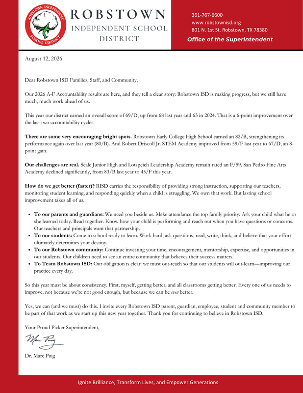 Robstown ISD Shares 2026 A–F Accountability Results Featured Photo