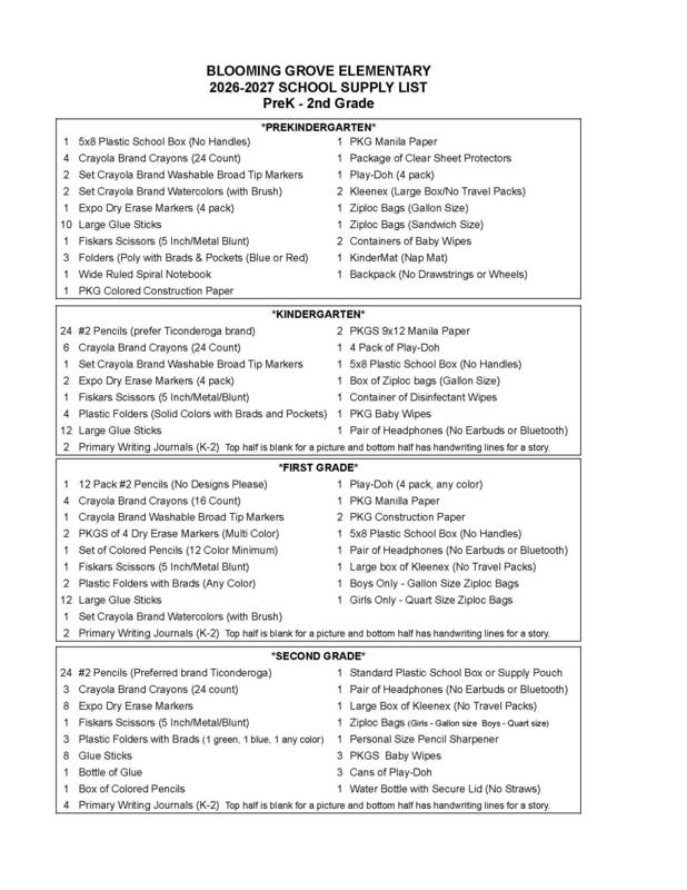 2026-2027 Elementary School Supply List Featured Photo