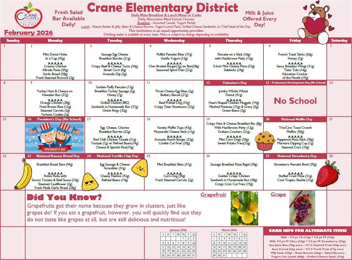Crane Schools February 2026 Menu