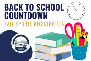 Back to School Countdown Fall Sports Registration above textbooks and school supplies