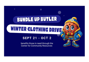 Cartoon character promotes a winter clothing drive with event details.