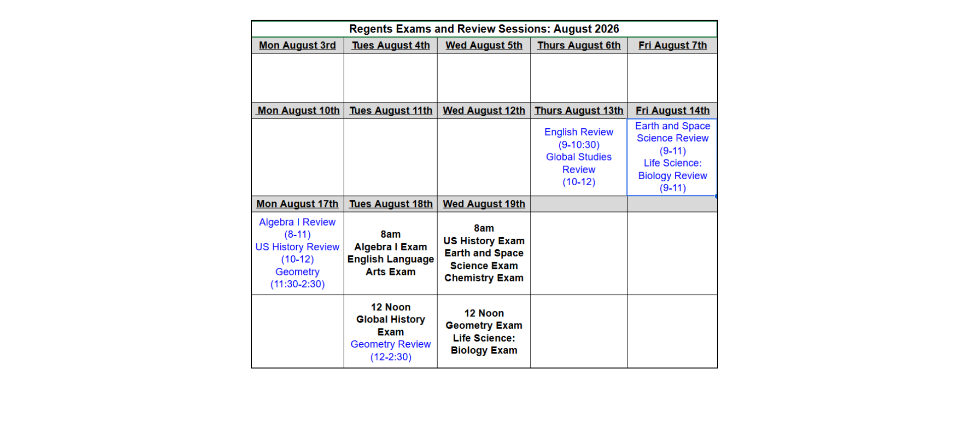 2026 Summer Regents and Review Sessions at North Warren