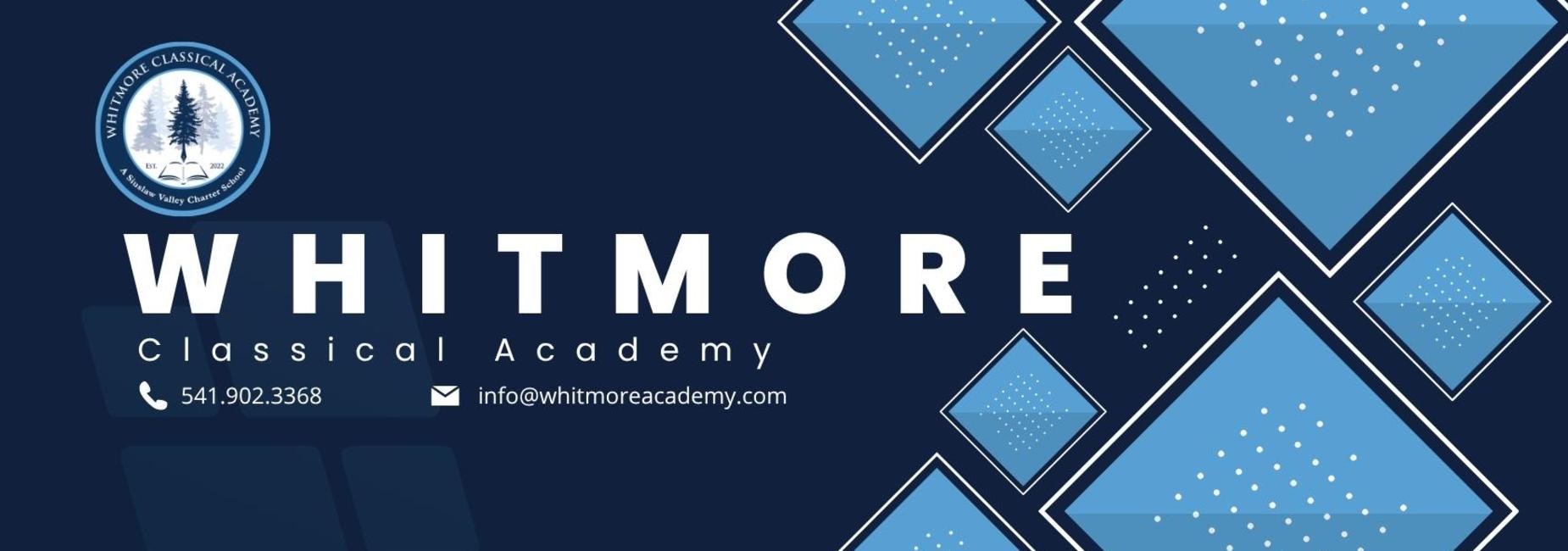 Blue geometric design with text for Whitmore Classical Academy.