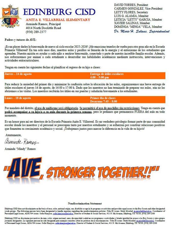 welcome back letter - spanish