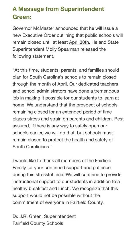 Fairfield County Schools will be closed March 16 - April 30, 2020 Featured Photo