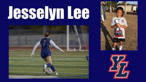 A young soccer player in a blue and white uniform with the number 7 is running on a field. To the right, a child in a white jersey smiles while holding a trophy. The name "Jesselyn Lee" and "YL" logos are displayed prominently. The tone is energetic and celebratory.