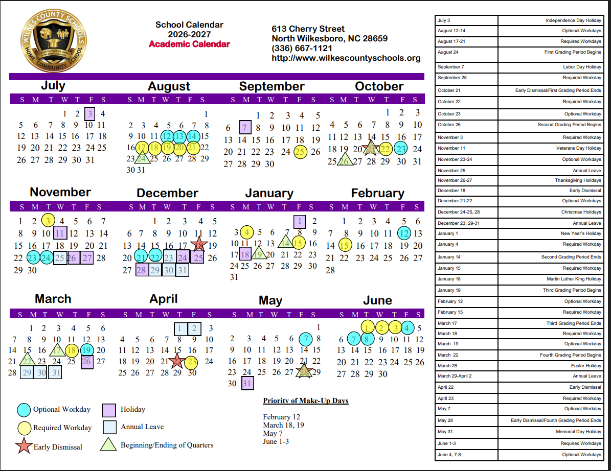 Wilkes County School Calendar 2026-2027