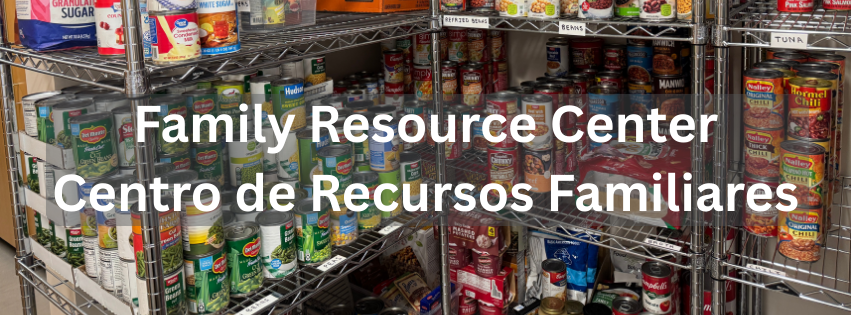 canned good stacked on racks with family resource center text