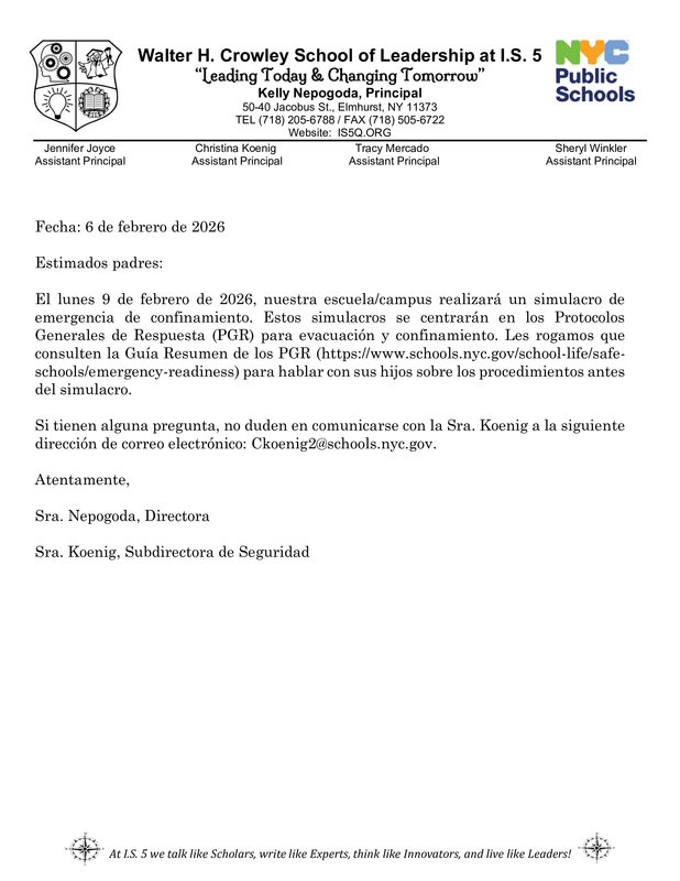 Safety drill letter Spanish