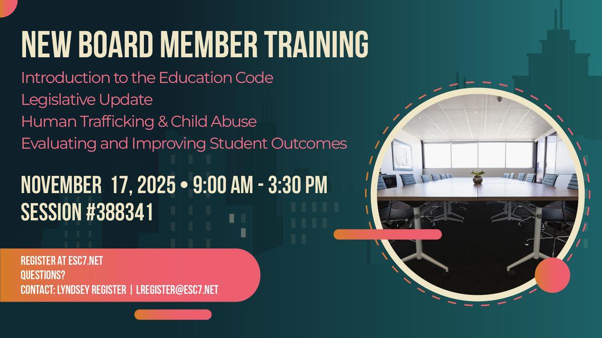 Graphic for New Board Member Training with event details and a photo of an empty boardroom table and chairs.