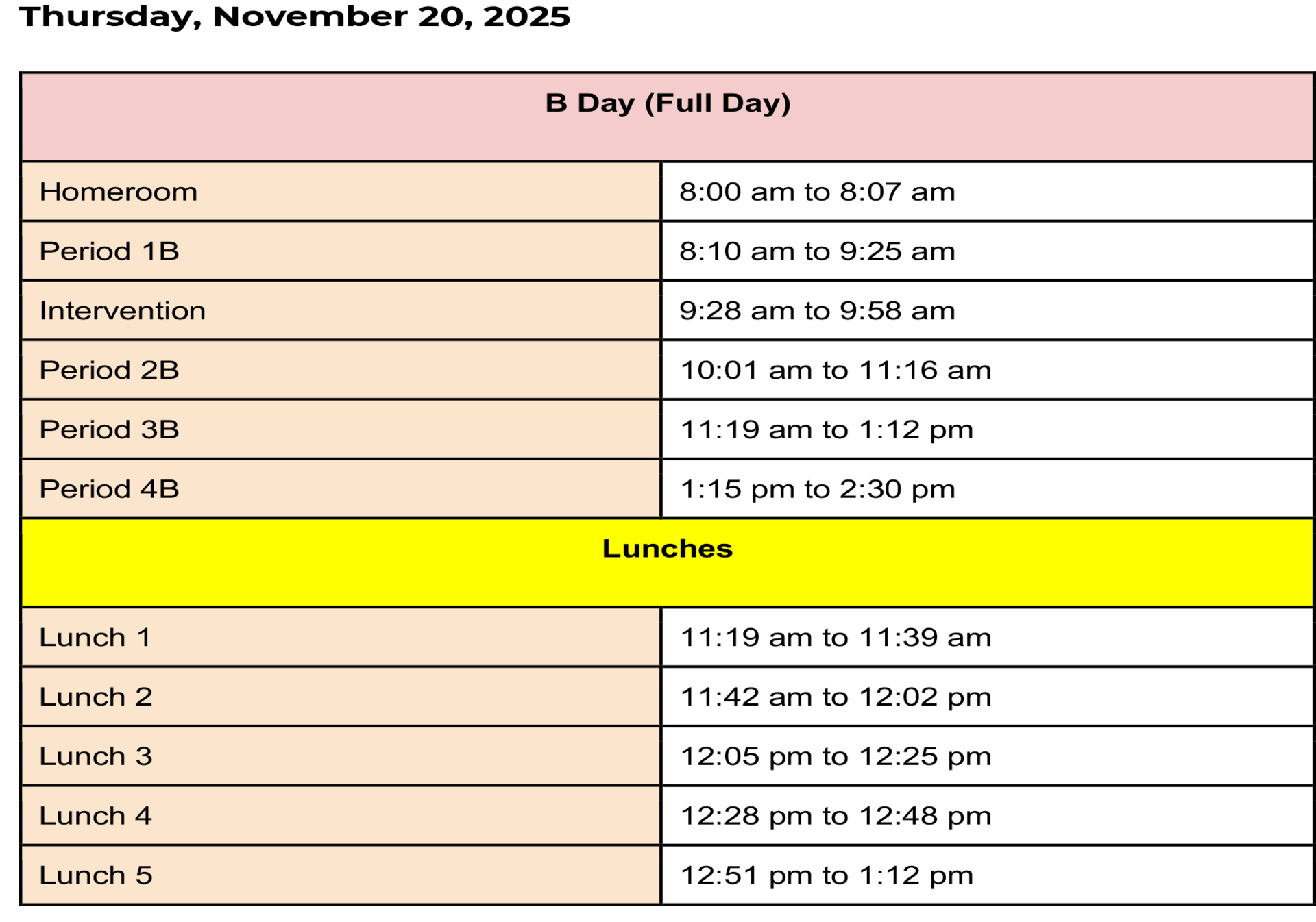 Schedule for B Day with class periods and lunch breaks.