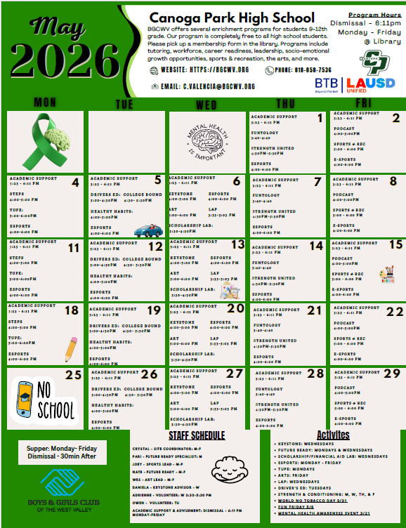 Boys and Girls C;lub May Calendar Image