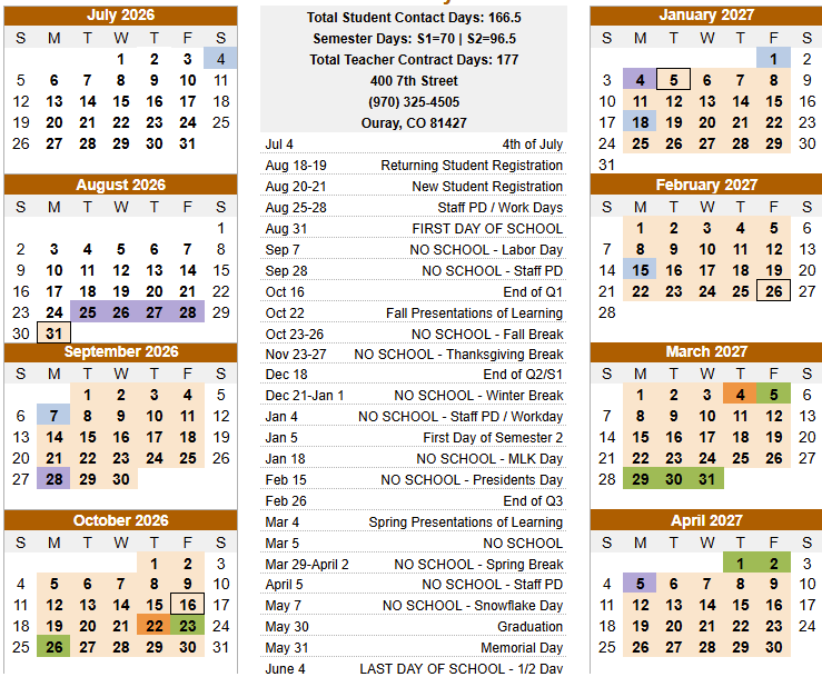 Sample Ouray Calendar image