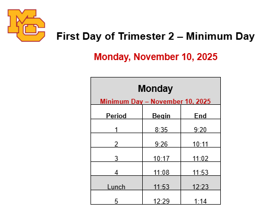 First Day Trimester 2 Minimum Day Bell Schedule