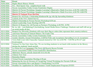 List of events related to Black History Month and school activities in February 2026.