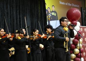 Students from Santa Fe High School’s Mariachi Los Dorados perform with violins, guitars and a trumpet during Whittier Union’s State of the District event.