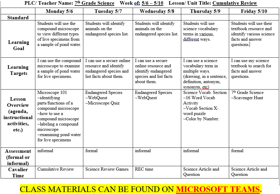 7C Science – Julie Melton – Siegel Middle School