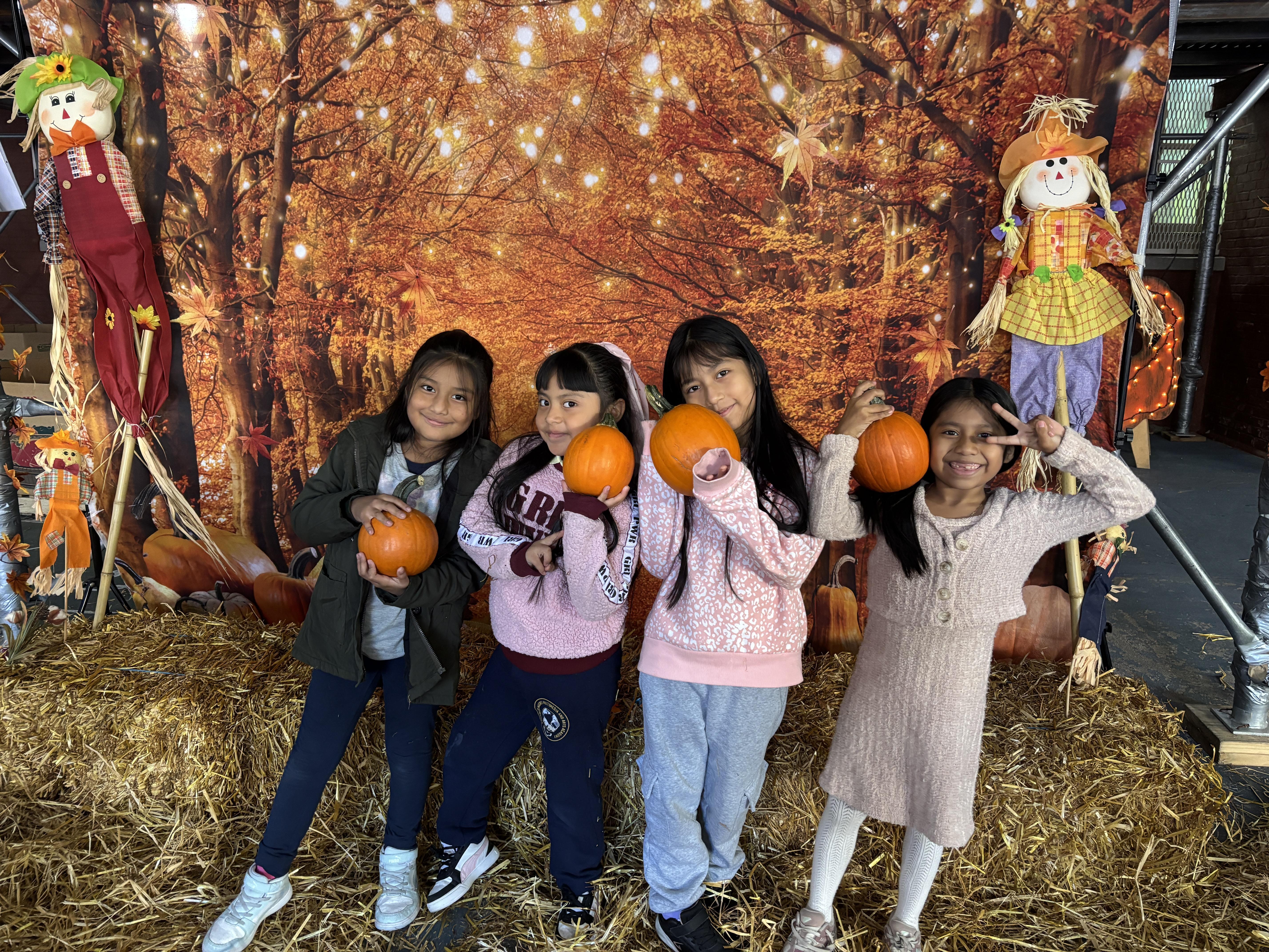 four students sitting on hay bales with pumpkins
