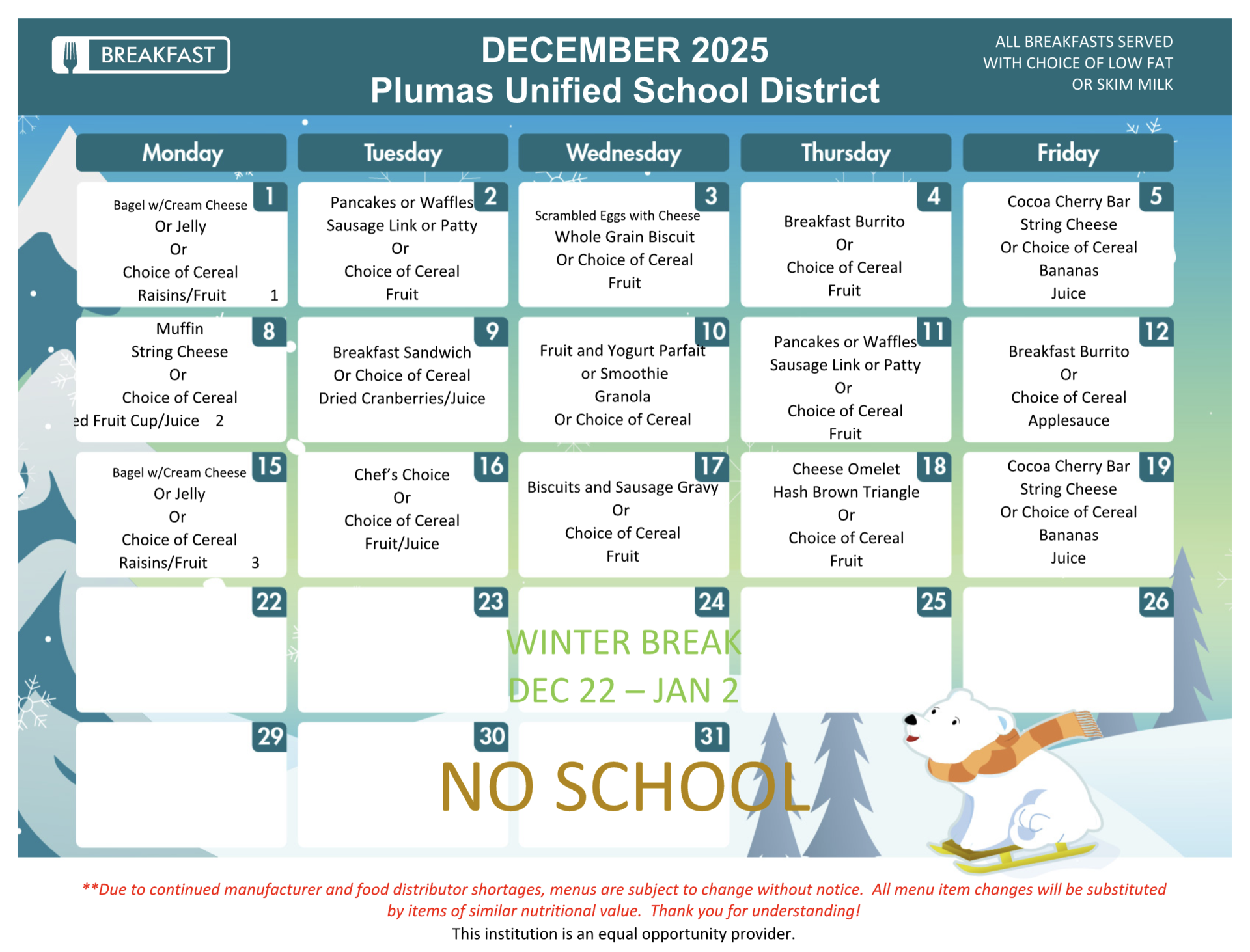 December 2025 Breakfast Menu