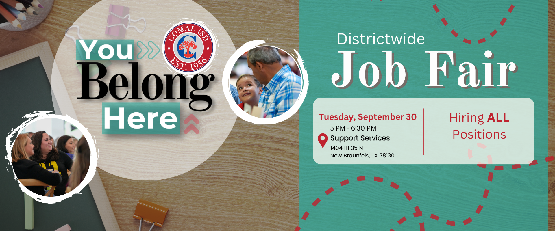 Visit our upcoming fall hiring fair! Comal ISD is hiring ALL positions. Click the banner to learn more about the hiring fair and the positions available!