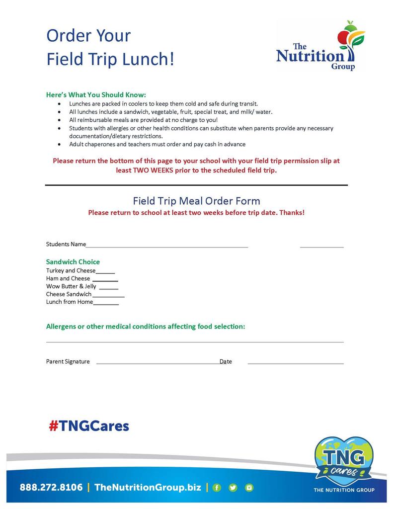 Field Trip Lunch Order Form in English