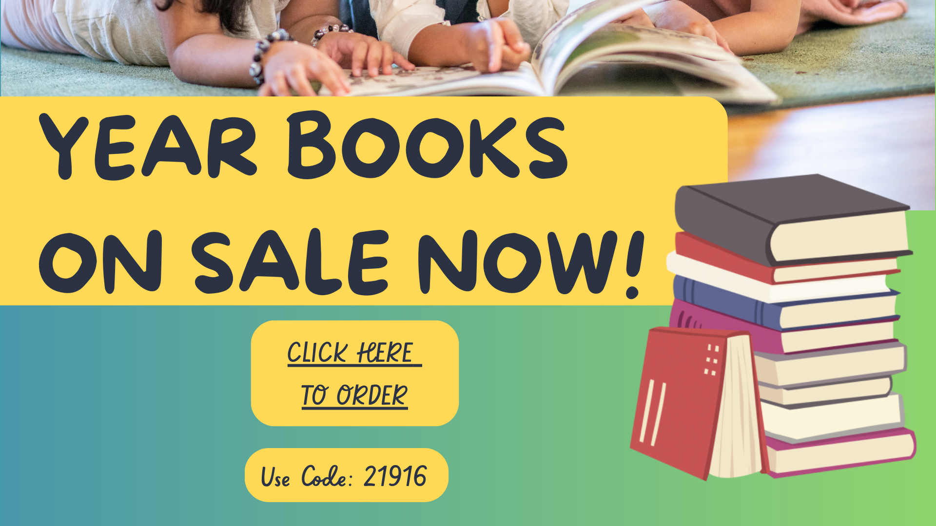 Text promoting yearbooks on sale, with children reading a book in the background.