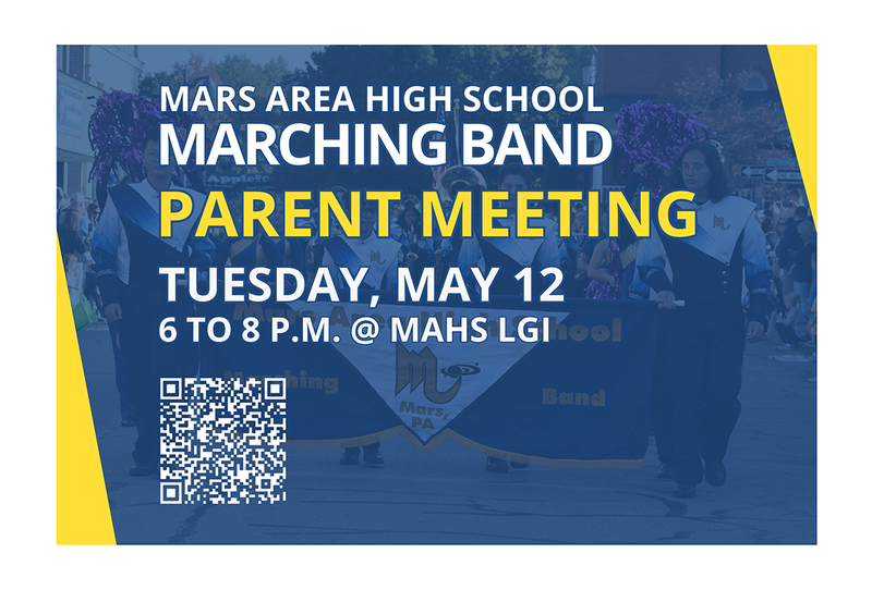 a flyer with information about an upcoming Marching  Band Parent Meeting