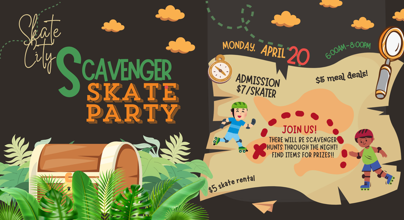 Treasure map with skaters and a treasure chest. Information about the Skate Party.