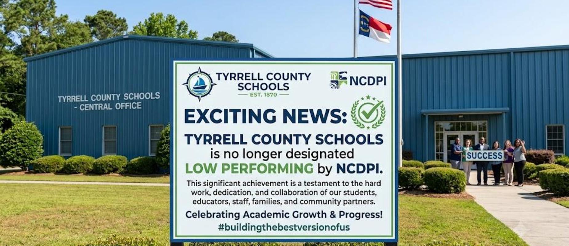Sign announcing Tyrrell County Schools' improved performance status.