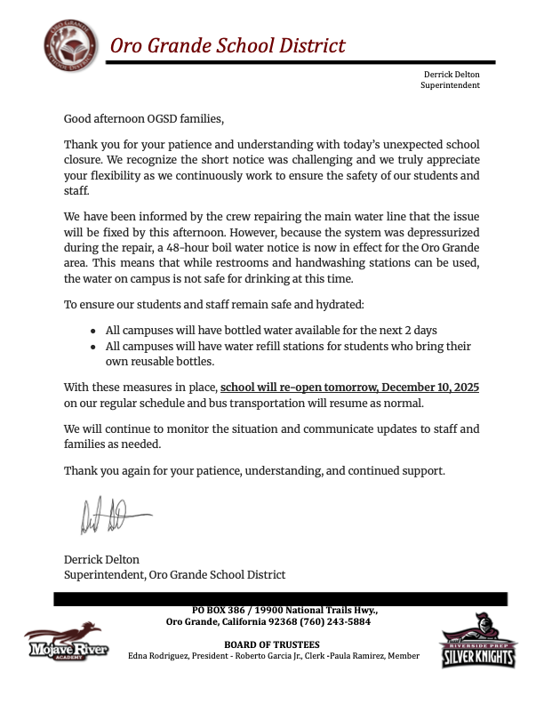 School reopening letter