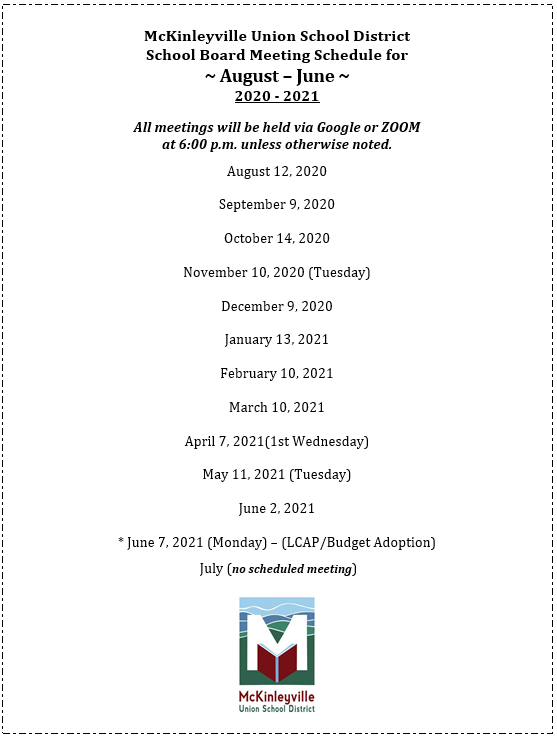 Board Meeting Schedule for 2020-2021