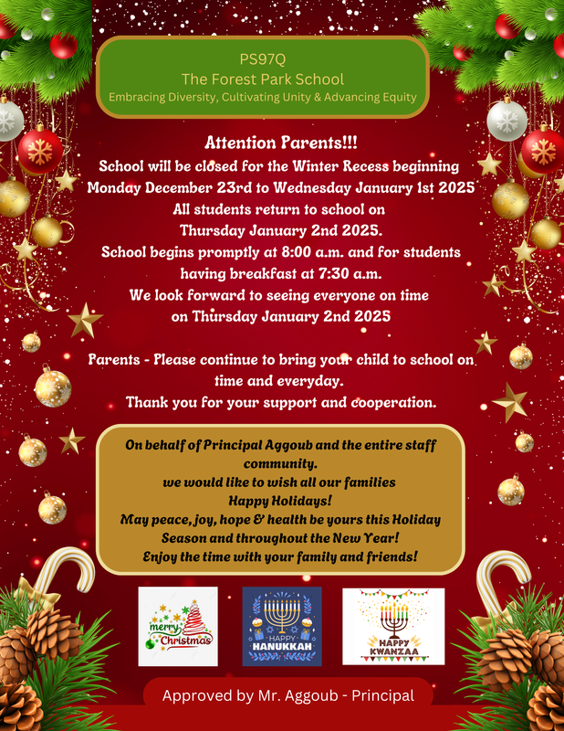 Announcement flyer for The Forest Park School featuring holiday schedule and greetings.