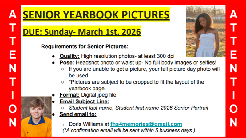 Announcement to seniors and their parents or guardians about the March 1 due date for senior yearbook photos.