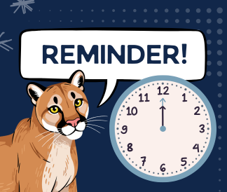 Illustration of puma with 12:00 clock and speech bubble saying Reminder!