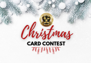 Decorative holiday card contest announcement with festive elements.