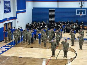 Cadets in formation during pass-in-review ceremony