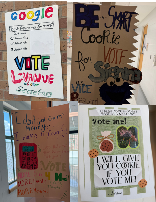 Colorful campaign posters promoting various students for class positions.