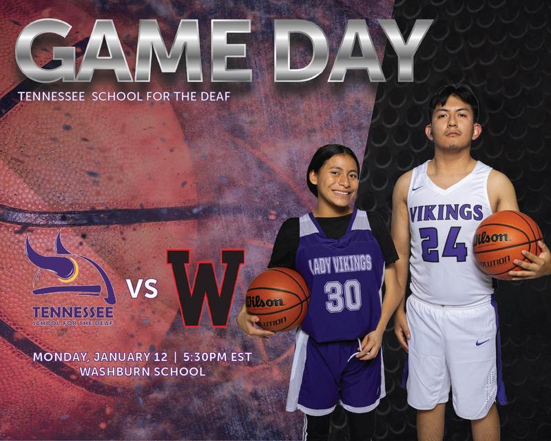 Game day poster featuring Tennessee School for the Deaf vs. Washburn School with players.