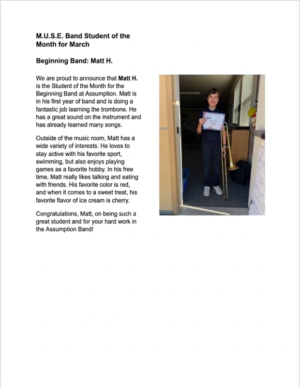 M.U.S.E. Band Student of the Month: March Beginning Band