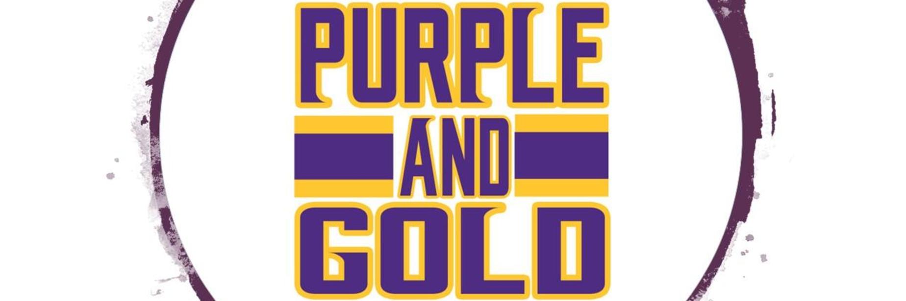 Image depicts the words purple and gold with a circle around them.  The writing is in purple and gold.