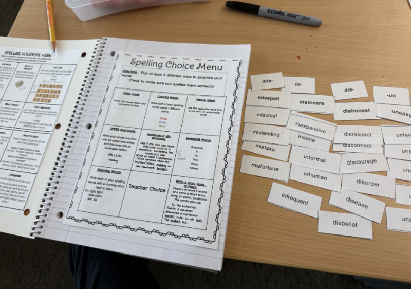 Photo of student journal with spelling/word study words