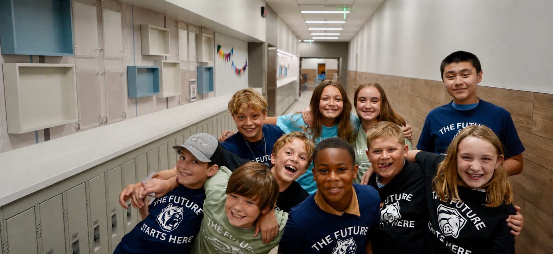 Group of children smiling together in a school hallway.